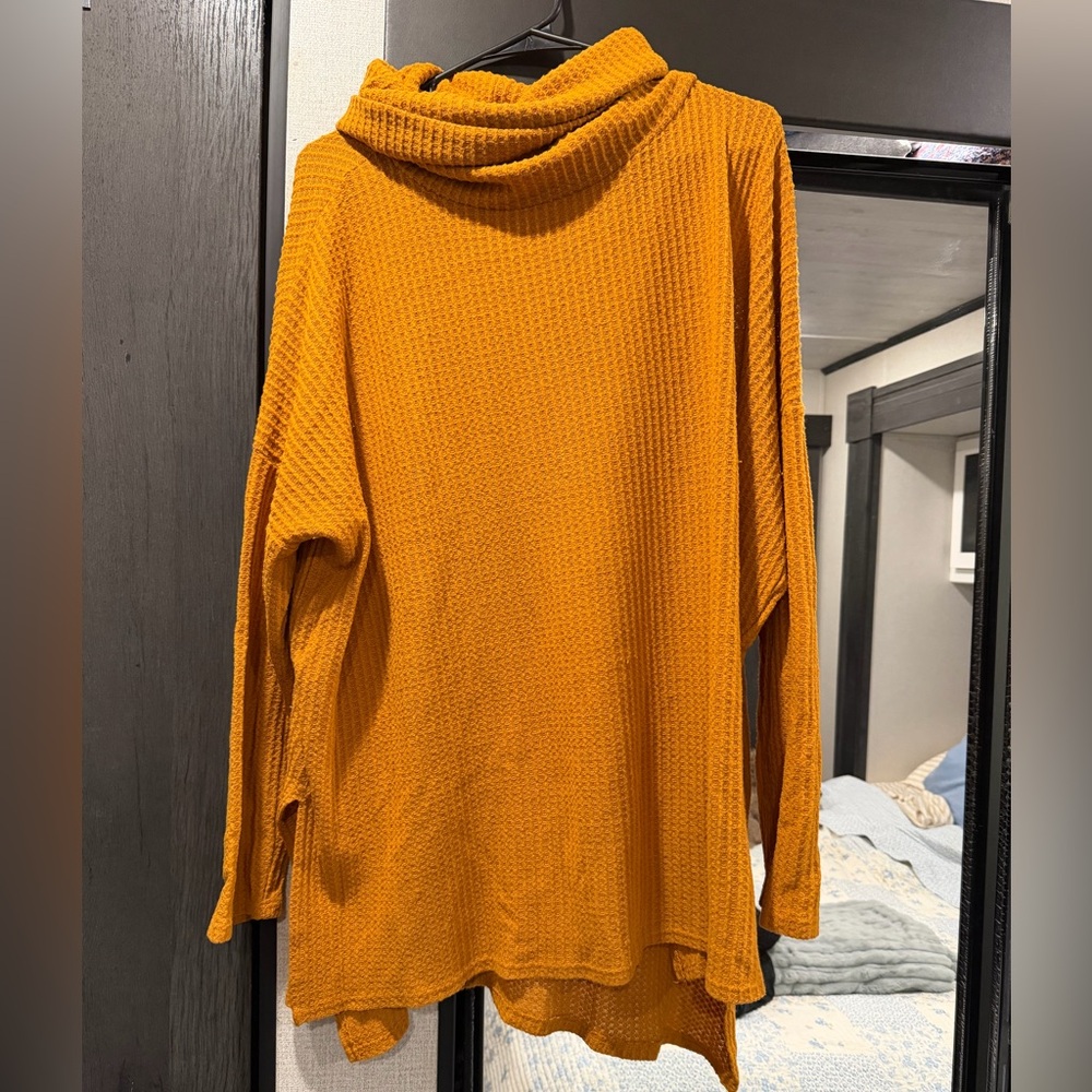 Zenana Outfitters Mustard Waffle-Knit Cowl Neck Sweater